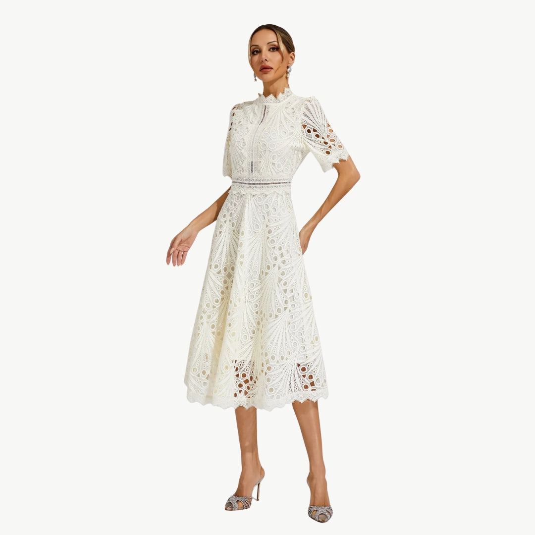Elizabeth - Kant Jurk met Holle Details Ronde Hals en Middenkuit Lengte