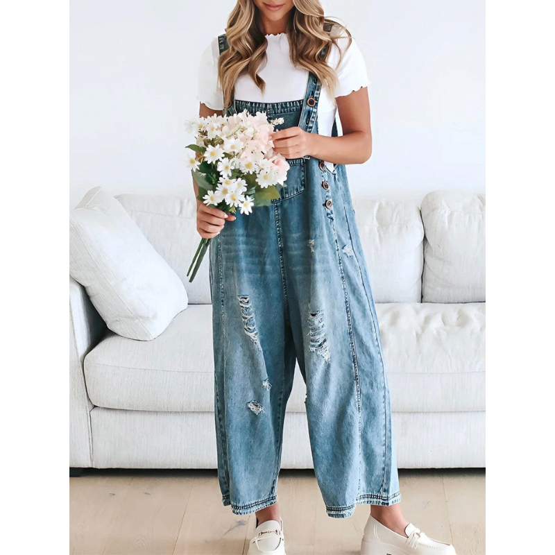Lydia – Mouwloze Denim Jumpsuit met Wijde Pijpen en Verstelbare Bandjes