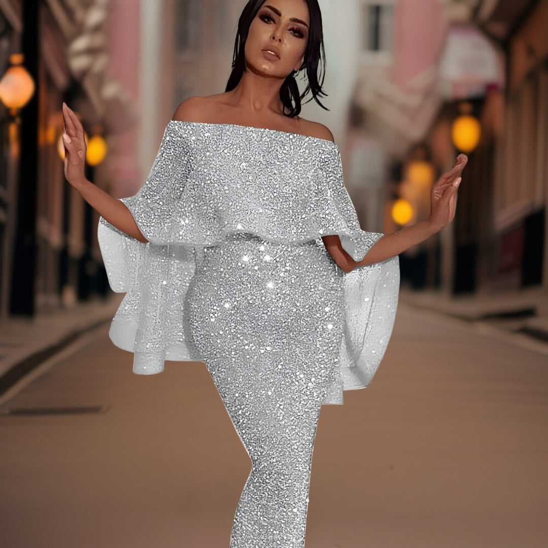 Celeste - Elegante off-shoulder jurk met vloeiende mouwen en getailleerd silhouet