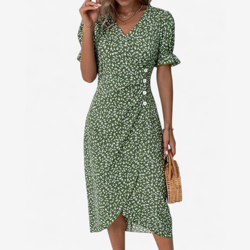 Elena – Bloemige Boho V Hals Jurk met Pofmouwen