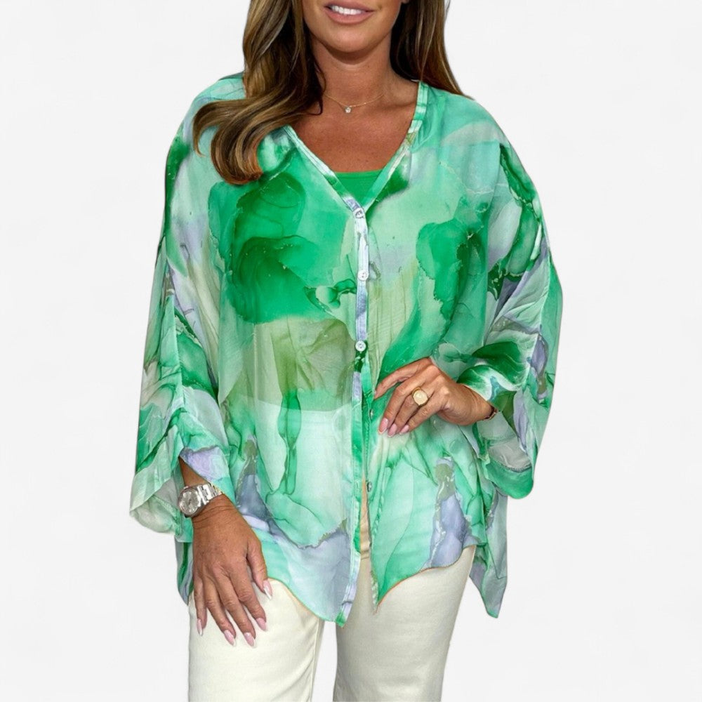 Fleur - V Hals Bedrukte Blouse met Lange Mouwen