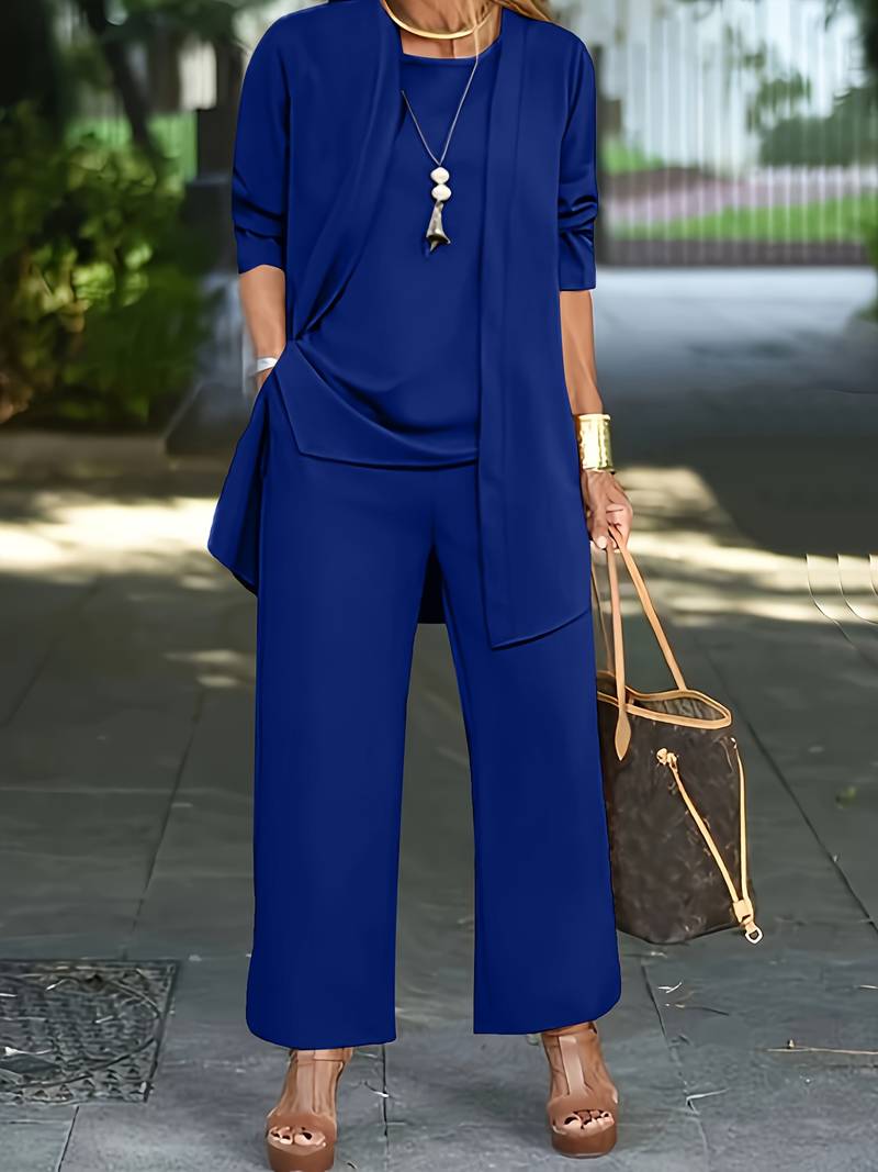 Olivia – Elegante driedelige set met zakkenbroek en lang mouwen vest