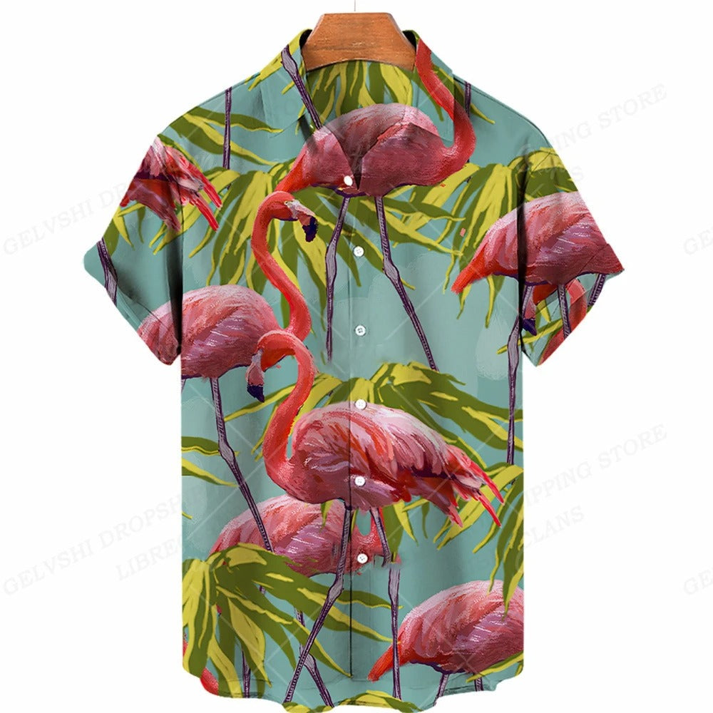 Marco - Overhemd met tropische flamingoprint en korte mouwen