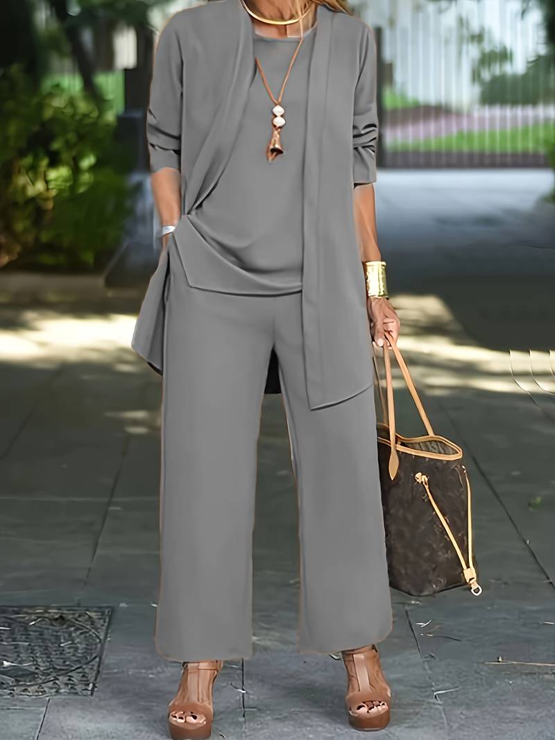 Olivia – Elegante driedelige set met zakkenbroek en lang mouwen vest