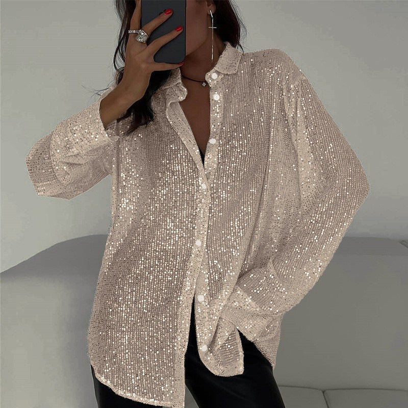 Luna - Sequin blouse met lange mouwen en klassieke kraag