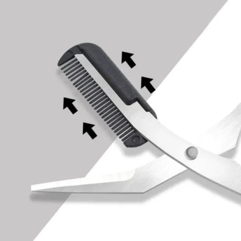 TrimLuxe – Compacte wenkbrauwschaar met kamopzetstuk en gebogen handvatten