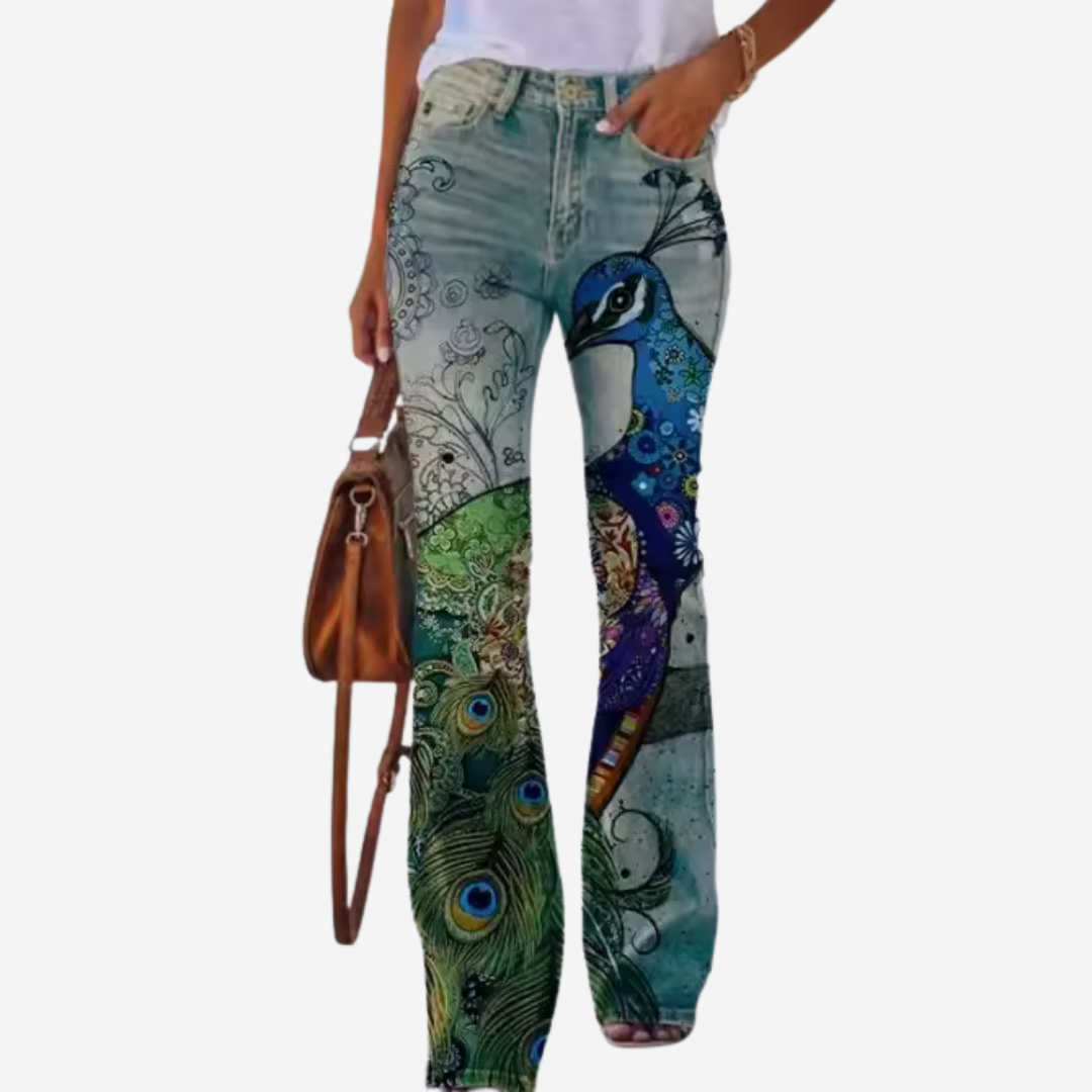 Livia – Trendy Flared Jeans met Unieke Bloemen- en Artistieke Patronen