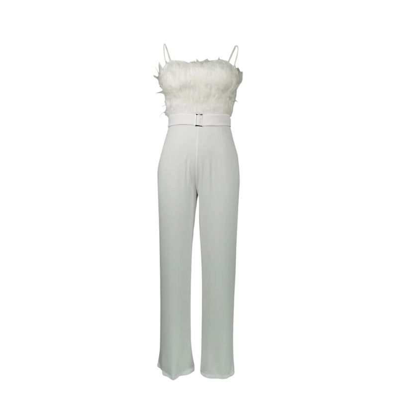Aria – Mouwloze Off Schouder Jumpsuit met Veerdetails en Riemgesp