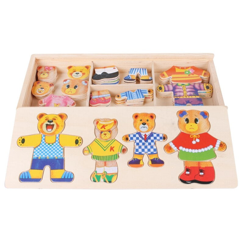 BearDrobe – Houten aankleedpuzzelset voor kinderen met verwisselbare outfitstukken