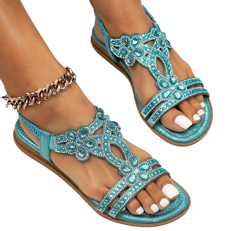 Selina – T band Sandalen met Bloemaccenten en Strass steentjes