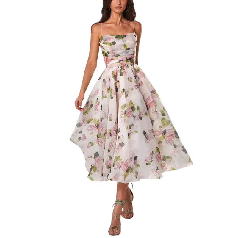 Luna - Mouwloze Midi Jurk met Bloemenprint en Spaghettibandjes