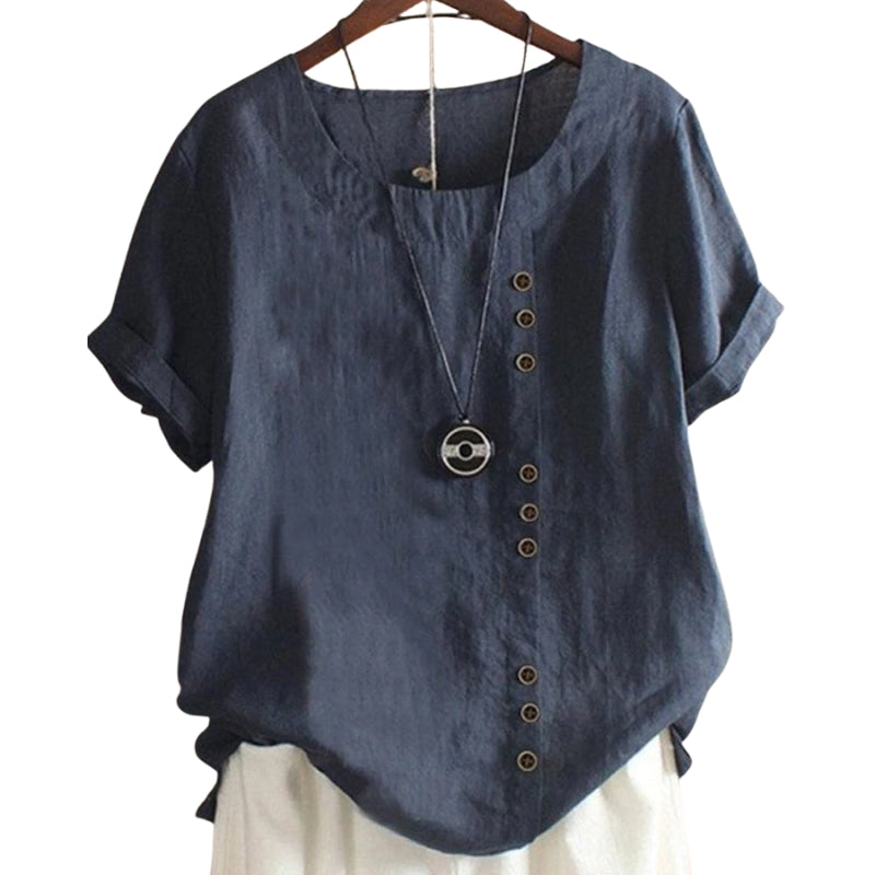 Ava – Klassieke Losse Pasvorm O Hals Shirt met Knopen