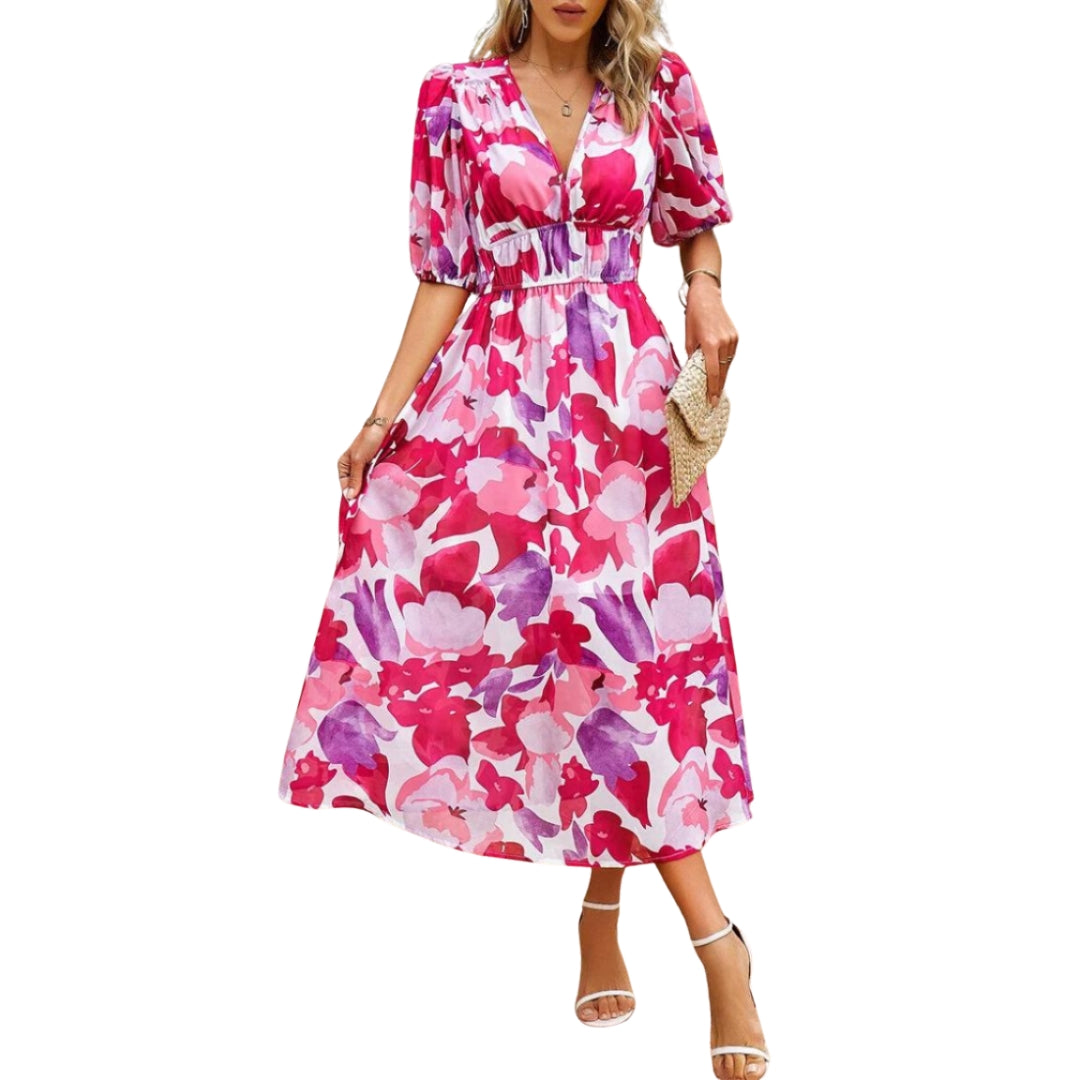 Isabella - Bloemen Midi Jurk met V Hals en Korte Mouwen