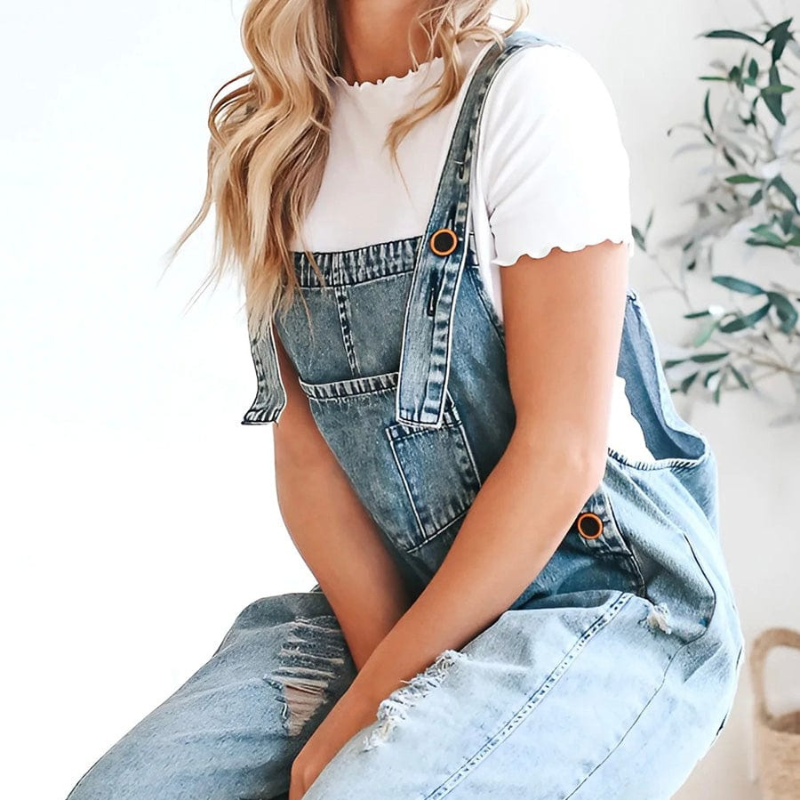 Lydia – Mouwloze Denim Jumpsuit met Wijde Pijpen en Verstelbare Bandjes