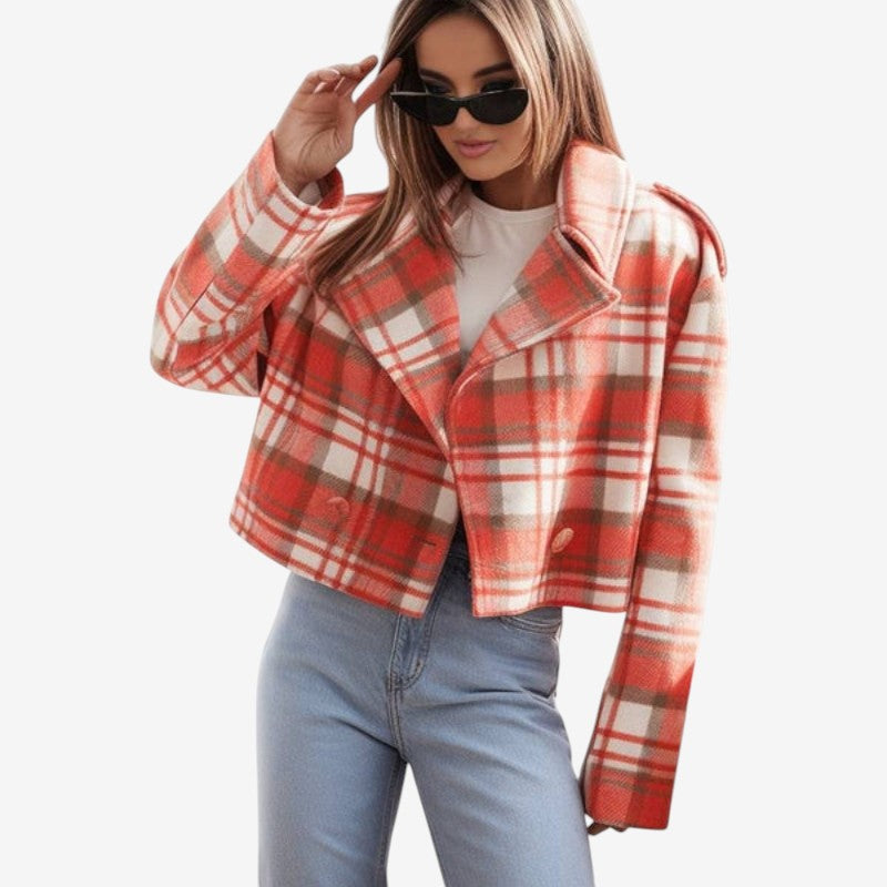 Victoria - Lange Mouw Geruite Jas met Reverskraag en Knopen aan de Voorkant