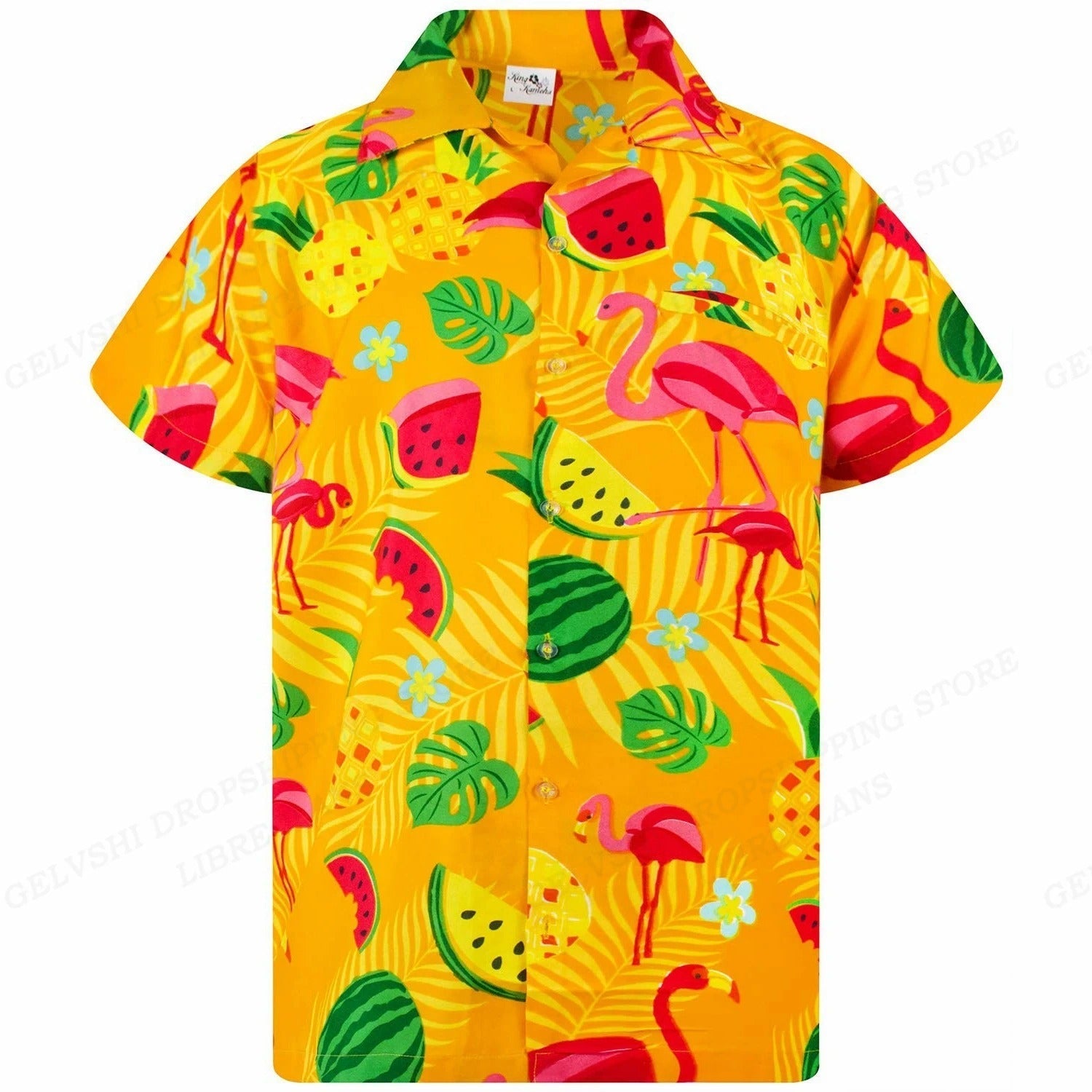 Marco - Overhemd met tropische flamingoprint en korte mouwen