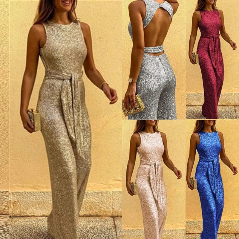 Selene – Glamoureuze mouwloze jumpsuit met open rug en gedefinieerde tailleband