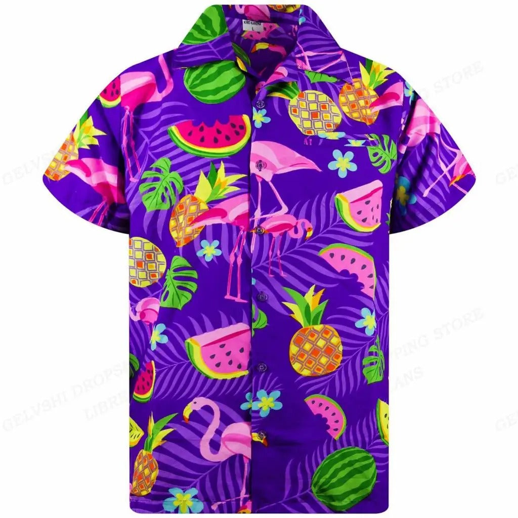 Marco - Overhemd met tropische flamingoprint en korte mouwen