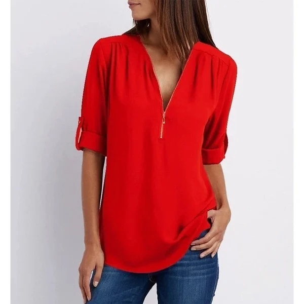 Siena – Losse blouse met ritssluiting aan de voorkant en diepe V-hals