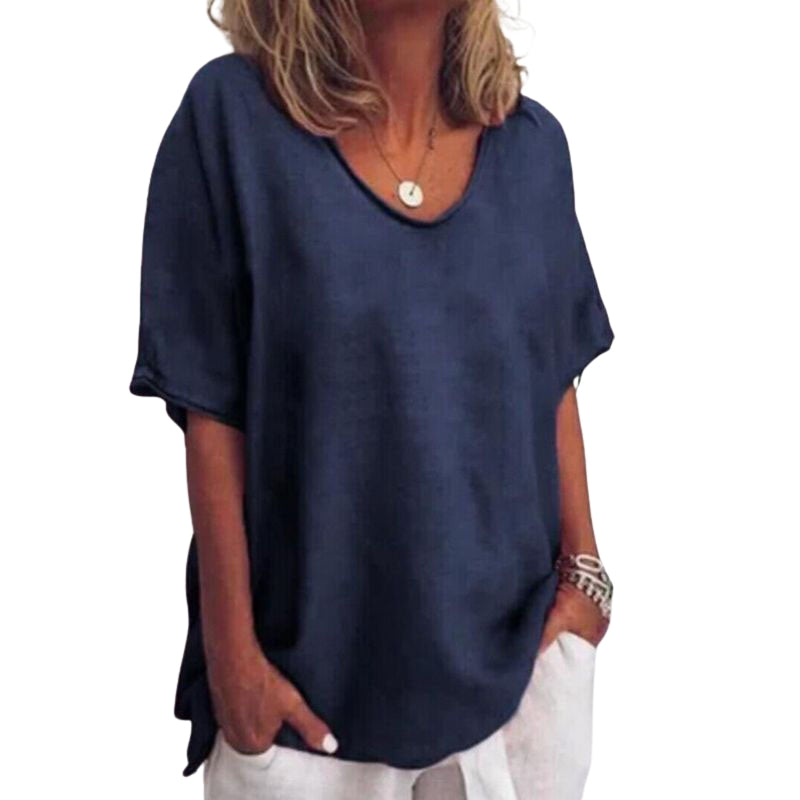 Evelyn - V hals Blouse met Korte Mouwen en Losse Pasvorm