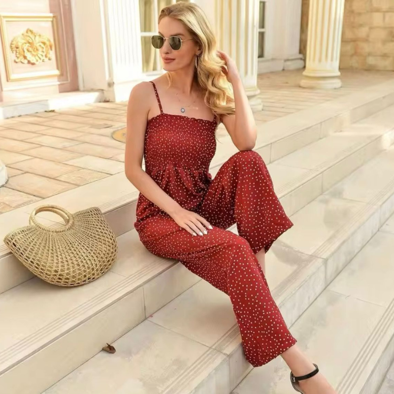 Clara – Straploze Jumpsuit met Polkadot en Wijde Pijp