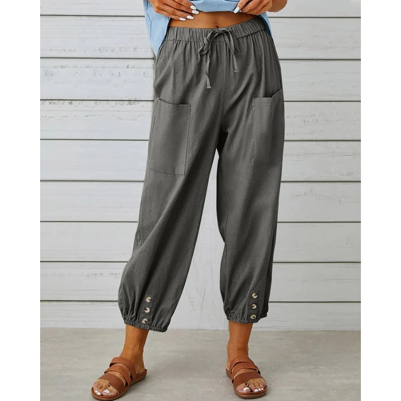 Mila – Relaxed Fit Broek met Trekkoord Taille en Zakken details