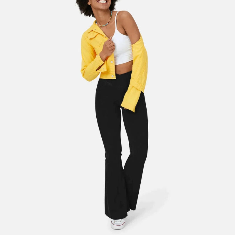 Aria – Retro hoge taille Uitlopende Jeans met Kruisende Tailleband