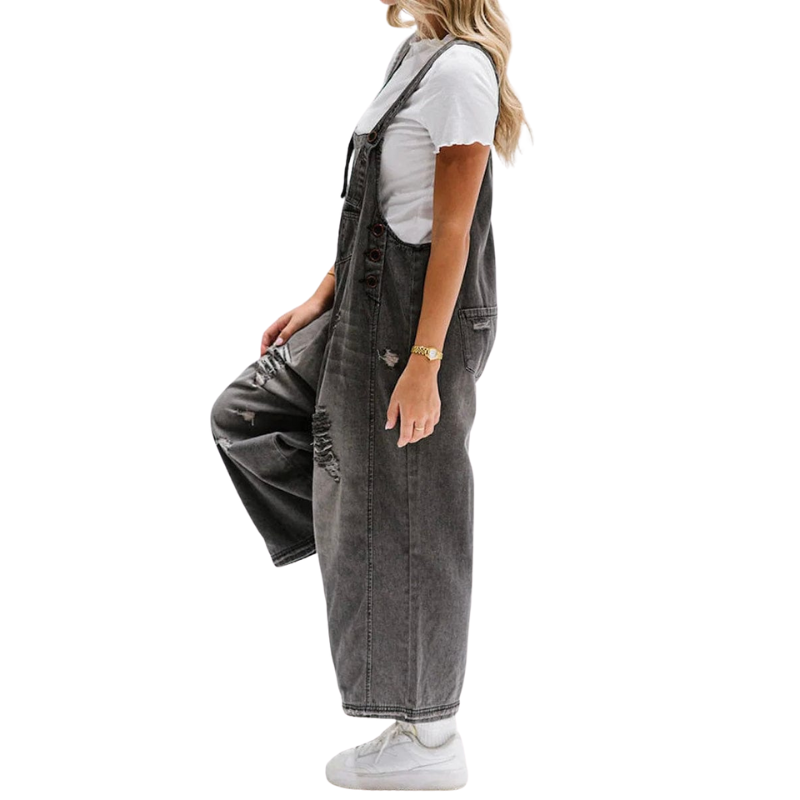 Lydia – Mouwloze Denim Jumpsuit met Wijde Pijpen en Verstelbare Bandjes