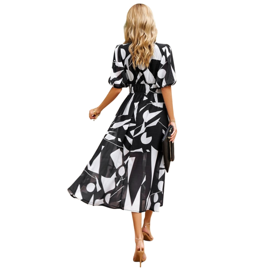 Isabella - Bloemen Midi Jurk met V Hals en Korte Mouwen