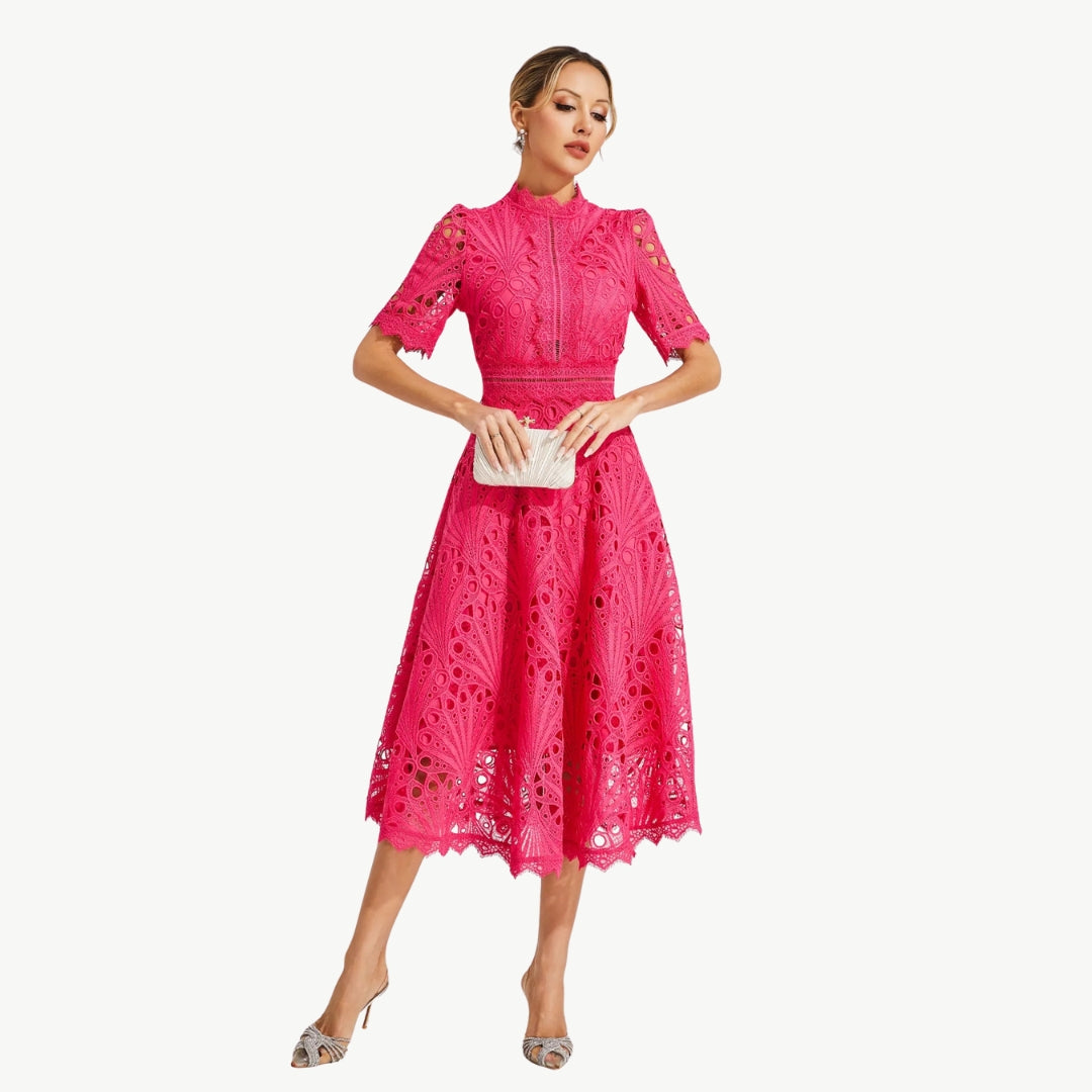 Elizabeth - Kant Jurk met Holle Details Ronde Hals en Middenkuit Lengte