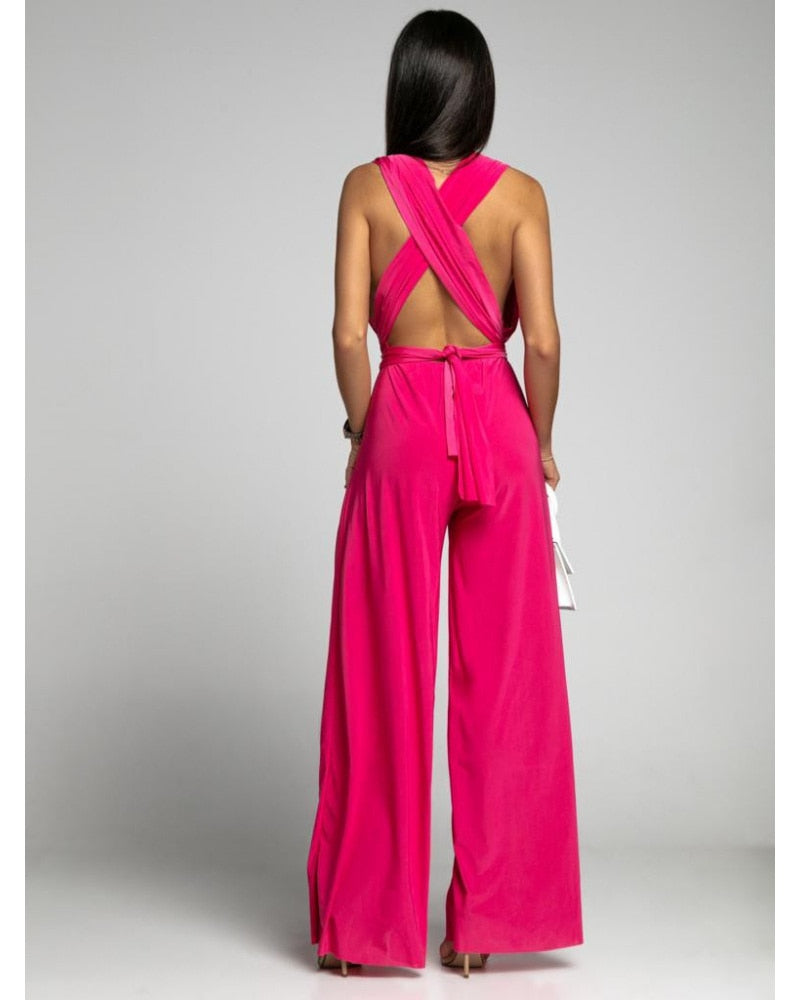 Seraphina - Trendy wijd uitgesneden jumpsuit met open achterkant