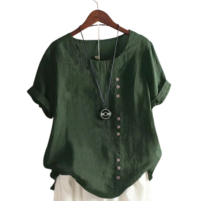 Ava – Klassieke Losse Pasvorm O Hals Shirt met Knopen