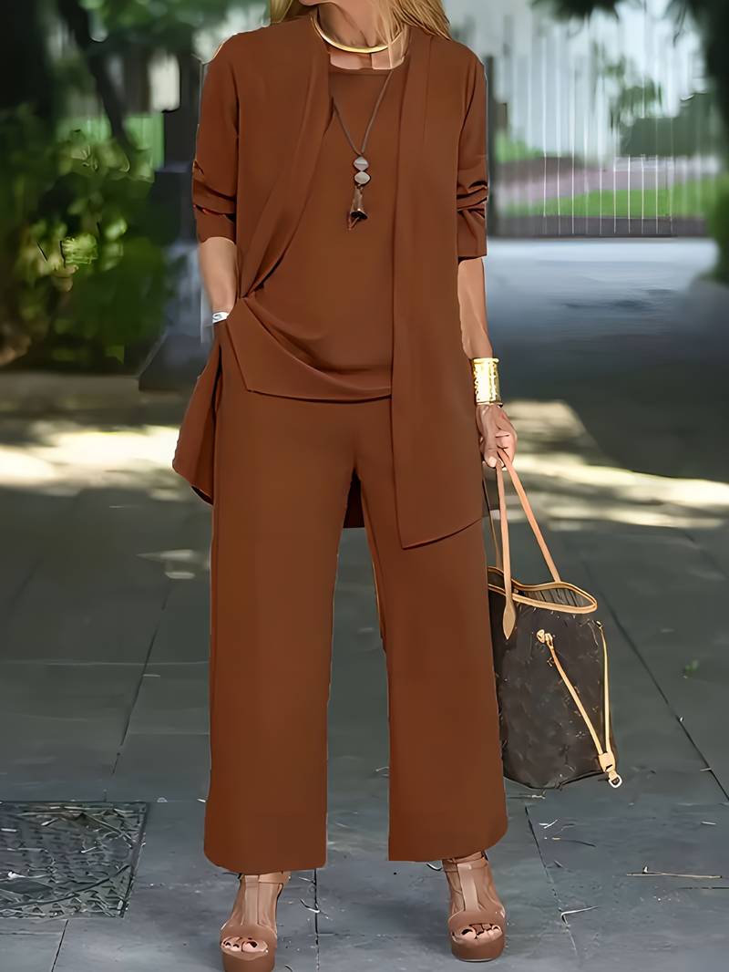 Olivia – Elegante driedelige set met zakkenbroek en lang mouwen vest