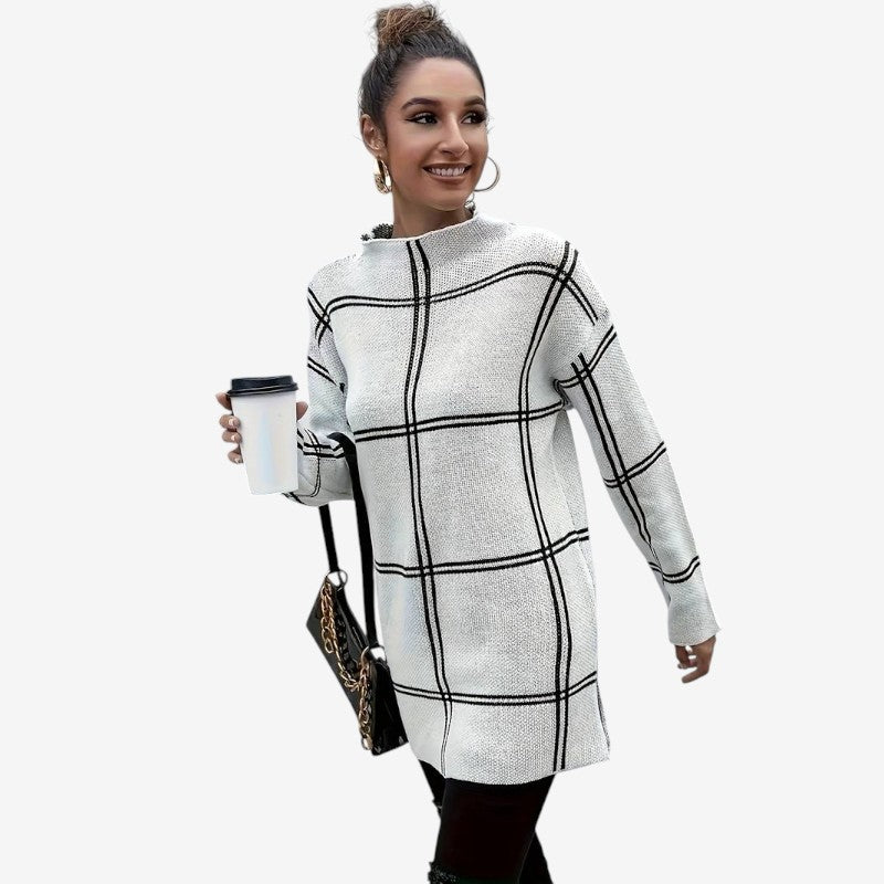 Jolanda – Trui met Lange Mouwen Col en Geruit Ontwerp