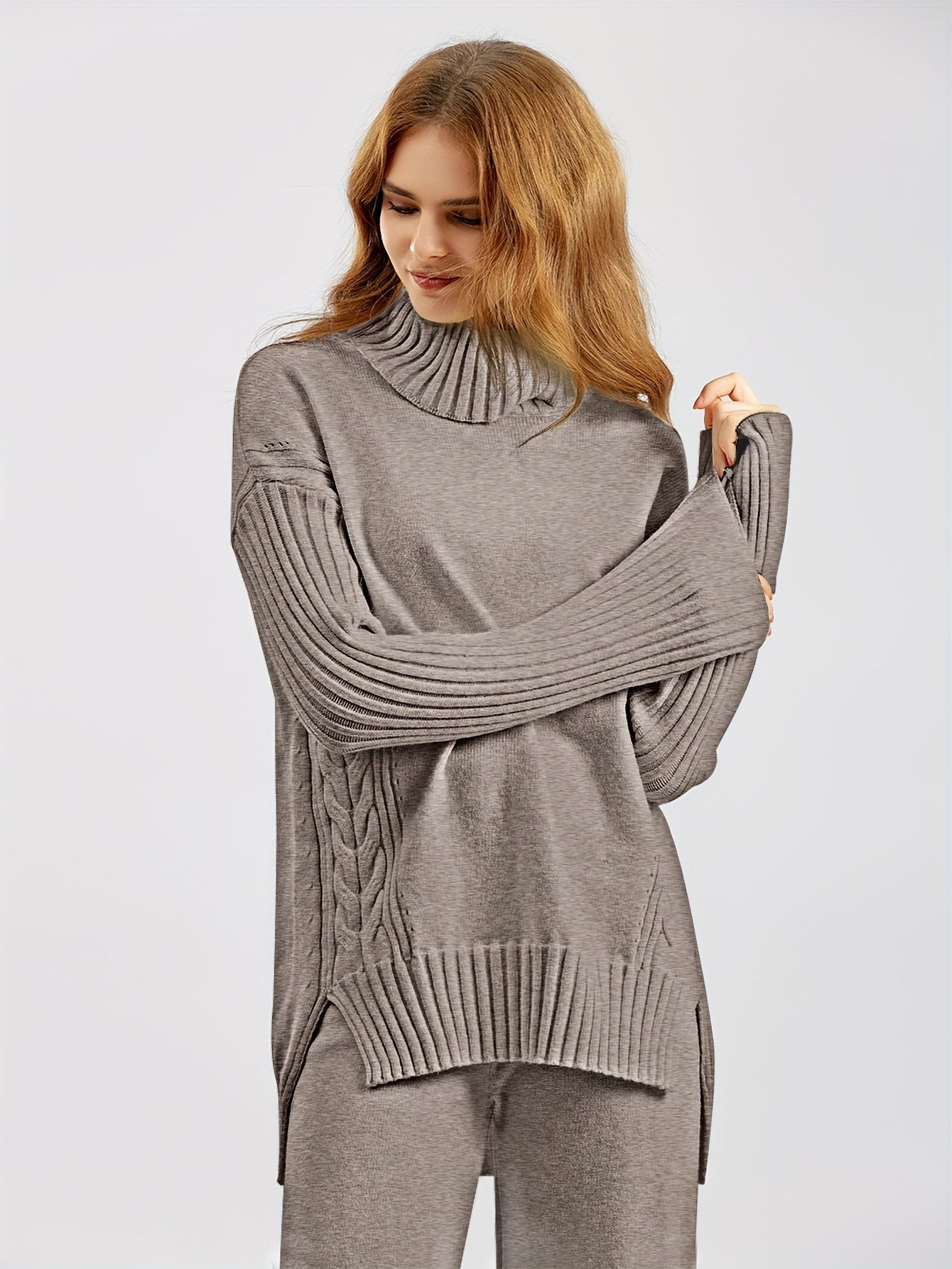 Lina - Relaxed gebreid setje met top met lange mouwen en broek met wijde pijpen