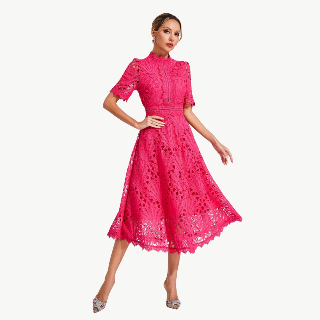 Elizabeth - Kant Jurk met Holle Details Ronde Hals en Middenkuit Lengte