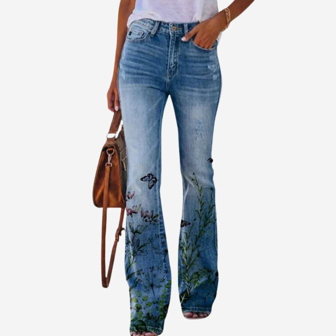 Livia – Trendy Flared Jeans met Unieke Bloemen- en Artistieke Patronen