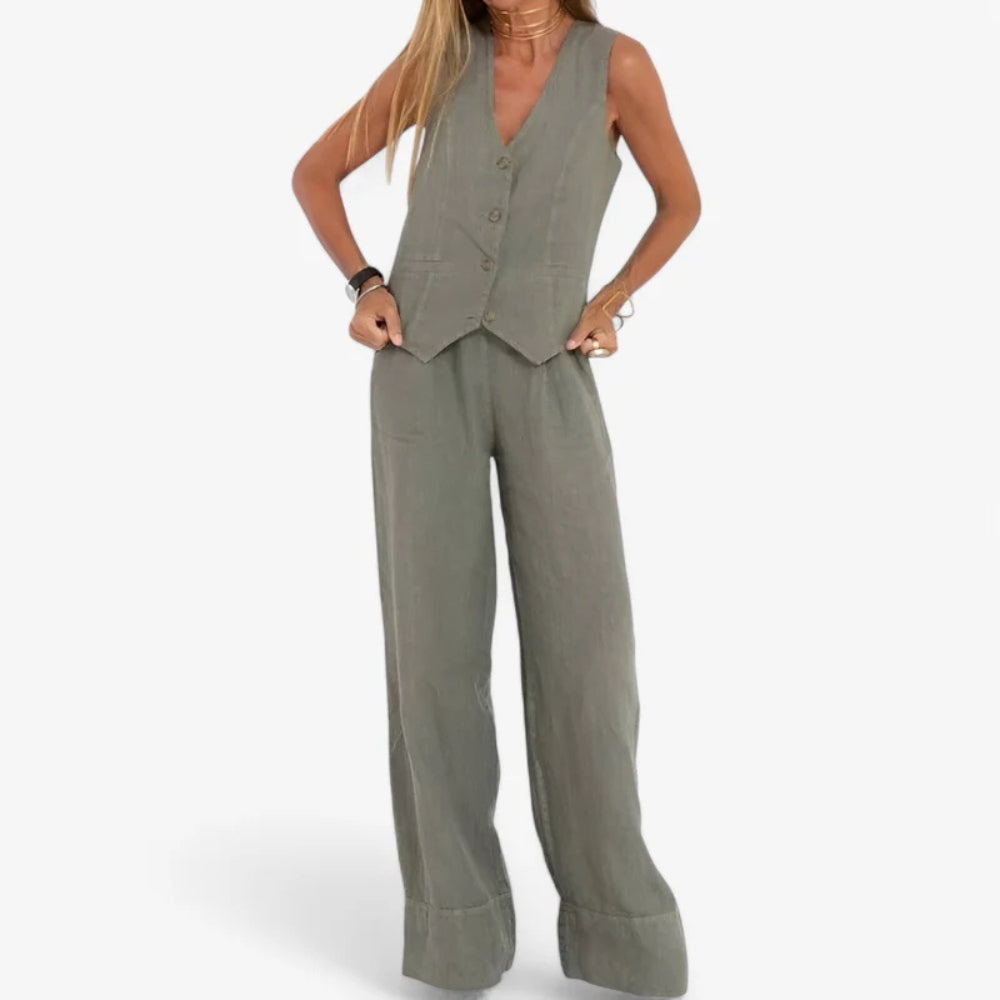 Lina - Elegante tweedelig set met knoopvest en wijde broek
