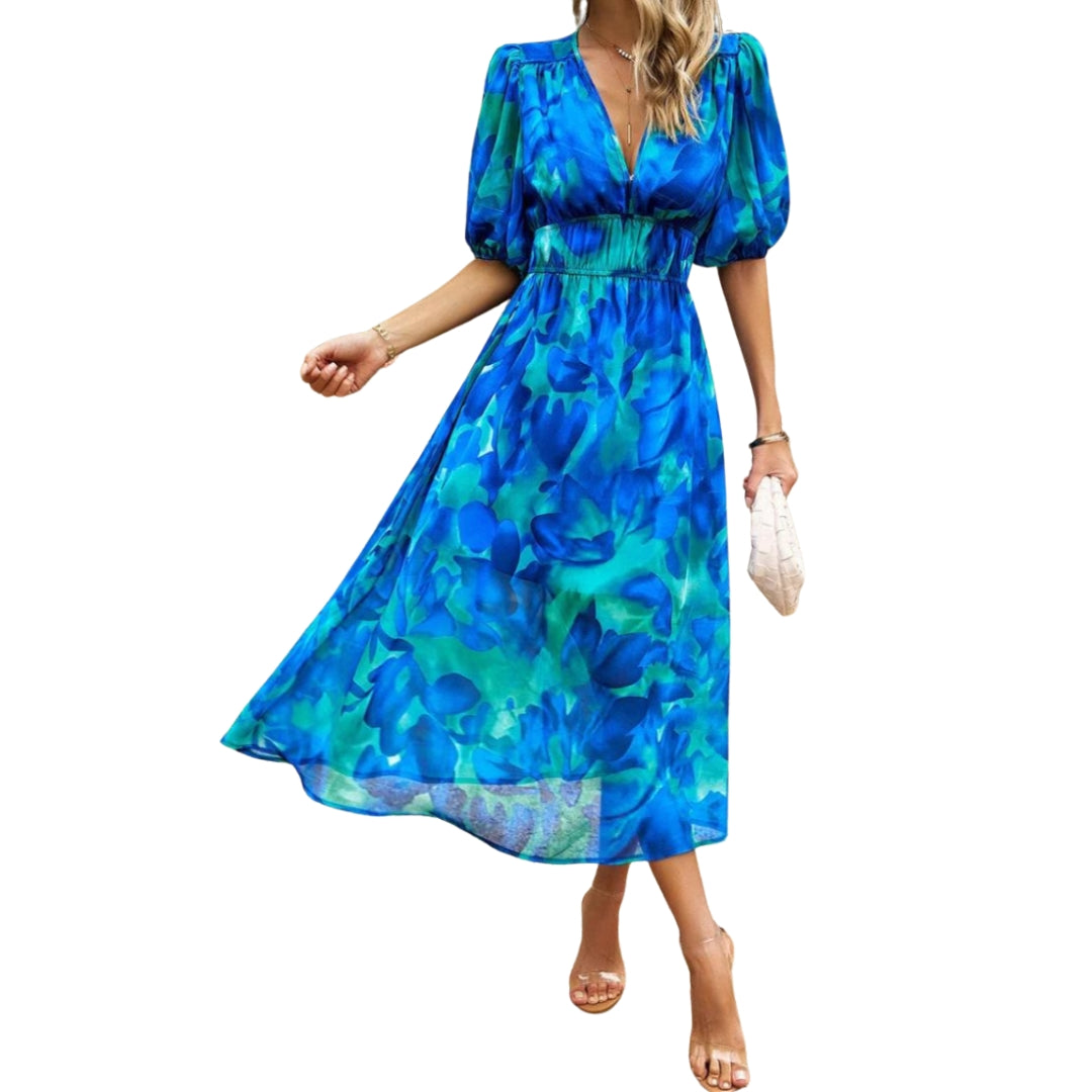 Isabella - Bloemen Midi Jurk met V Hals en Korte Mouwen