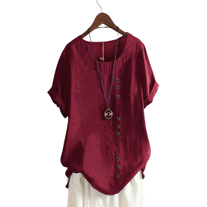 Ava – Klassieke Losse Pasvorm O Hals Shirt met Knopen