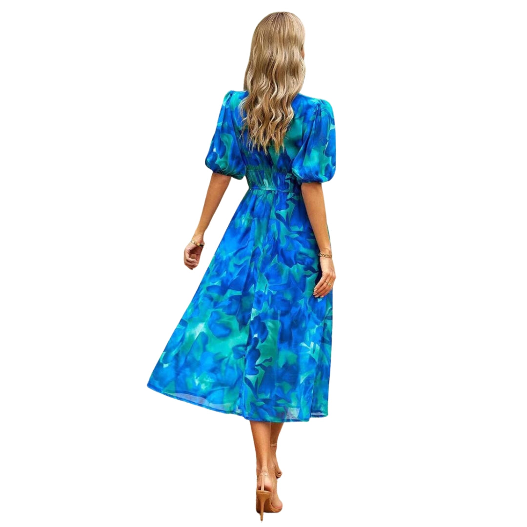 Isabella - Bloemen Midi Jurk met V Hals en Korte Mouwen