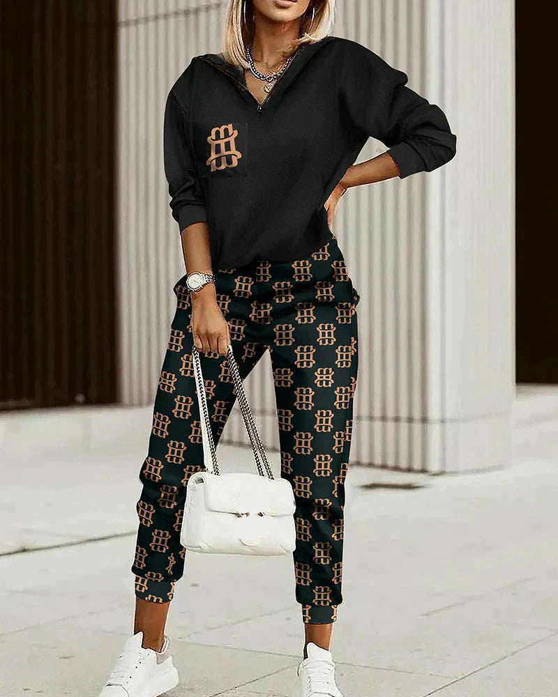 Chloe - Stijlvol Geruit Sweatshirt en Jogger Set met Ziper Hals