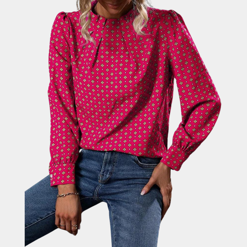 Isabella – Elegante blouse met lange mouwen, hoge hals en geplooide schouders