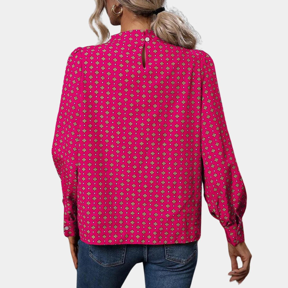 Isabella – Elegante blouse met lange mouwen, hoge hals en geplooide schouders
