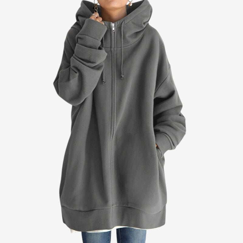 Aria – Lange Mouwen Oversized Hoodie met Ritssluiting en Geribbelde Details