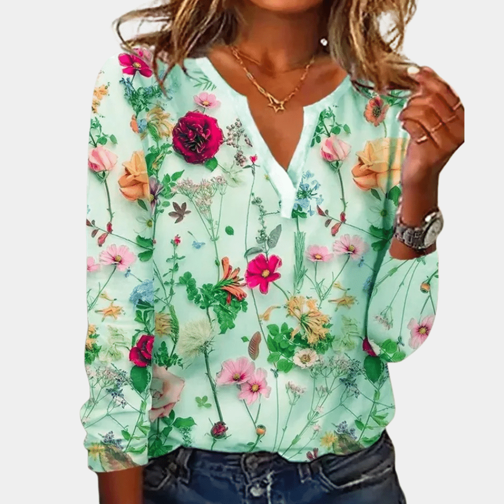 Grace – Trendy Bloemenprint Blouse met V-hals en lange mouwen