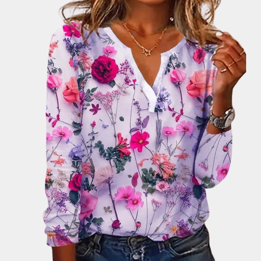 Grace – Trendy Bloemenprint Blouse met V-hals en lange mouwen