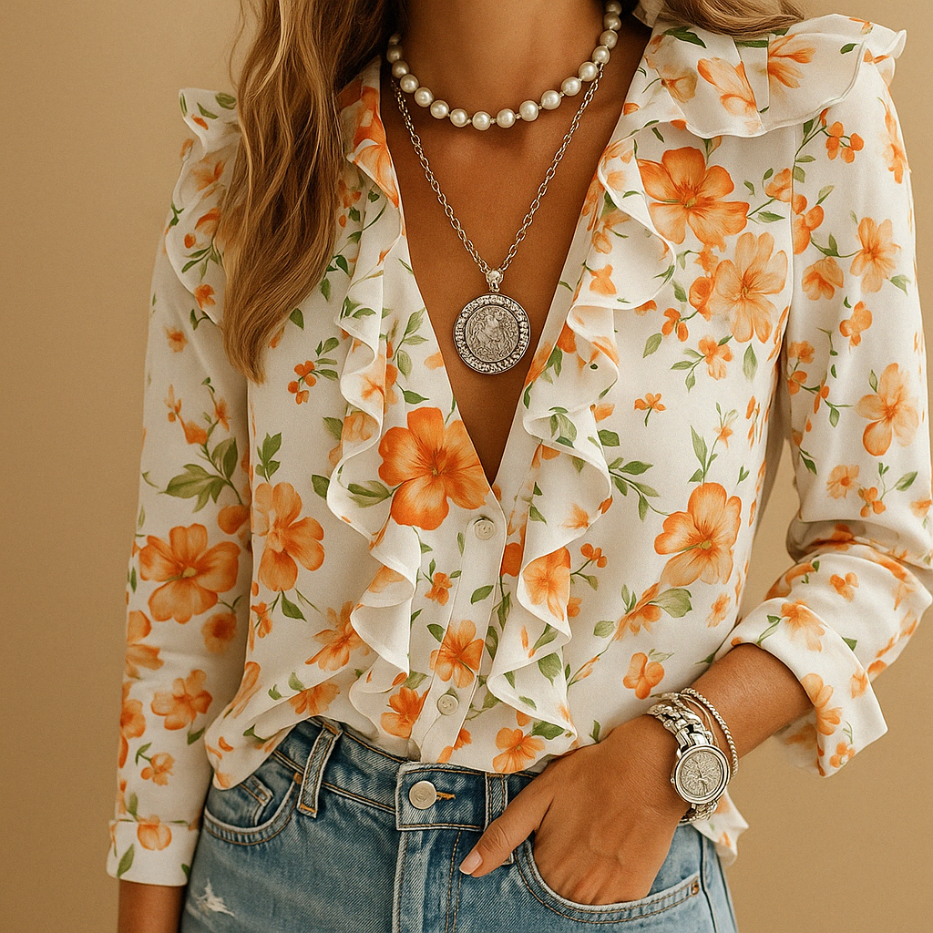 Aria – Bedrukte blouse met lange mouwen en V-hals