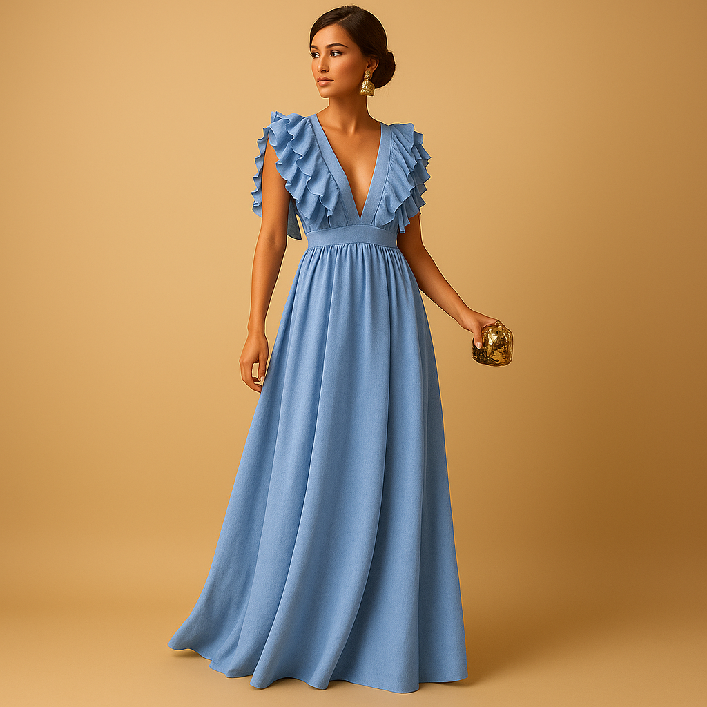 Selene – Elegante jurk met diepe V-hals en geplooide schouderdetails