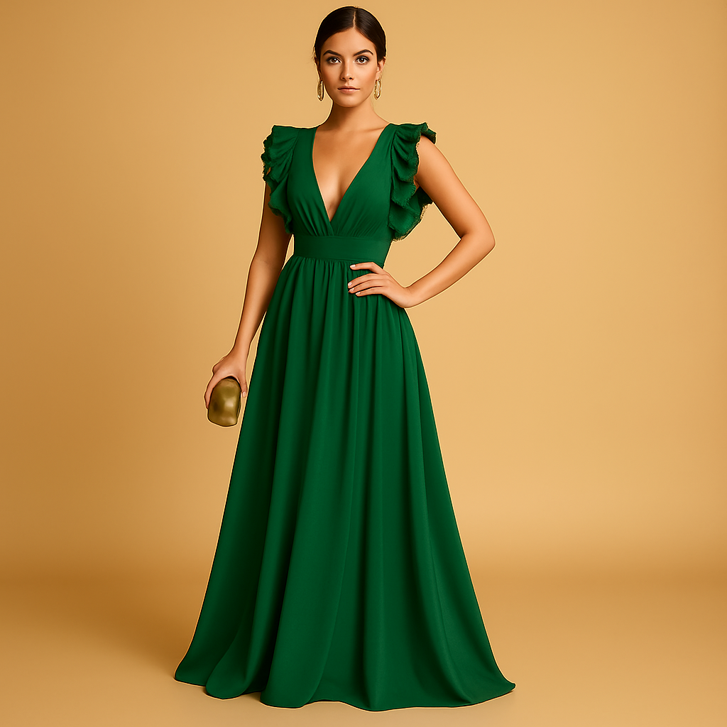 Selene – Elegante jurk met diepe V-hals en geplooide schouderdetails